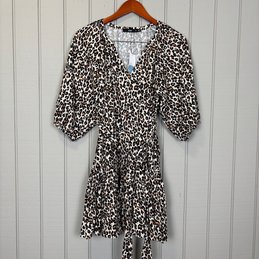 NWT SportsGirl Women’s Linen Mini Leopard Print 1/2 Sleeve Dress Size 10